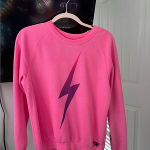 Aviator Nation Pink Crew Neck Sweater with Purple Lightning Bolt